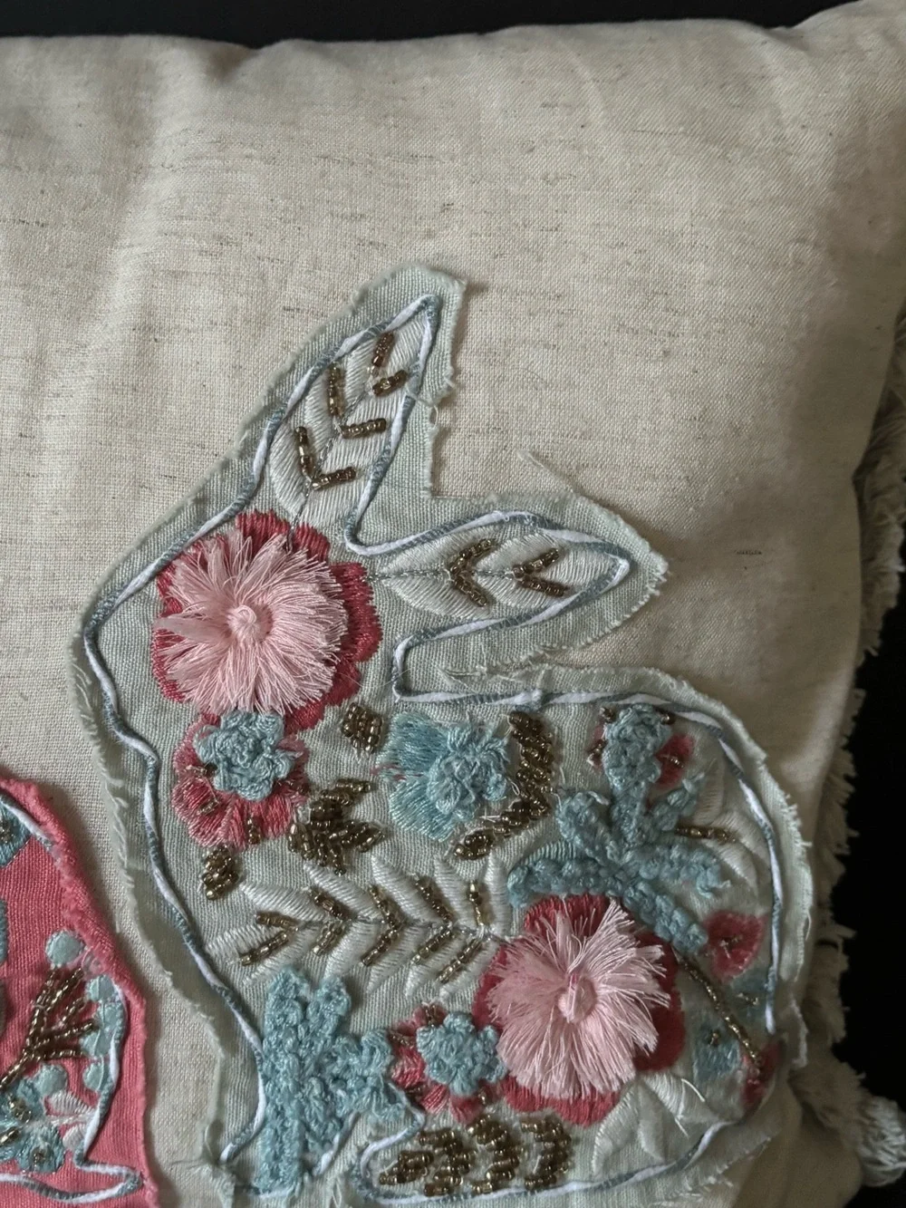 Pier 1 Appliqué Embroidered Rabbit Design Pillow Boho Cottagecore Fringe 20x11